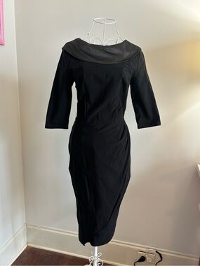 Classic Black Shawl Collar (Satin) Midi Dress (Muxxn)